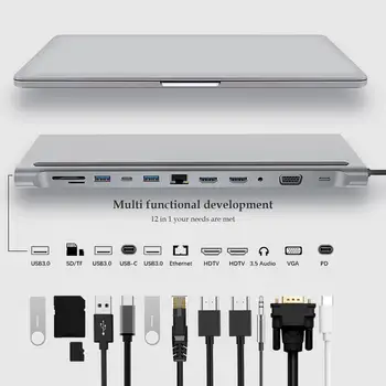 Usb Docking Station Portable Docking Station USB C Iki 4K HDMI-USB 3.0 PD 12 1 USB C Multiport Dongle Adapterį