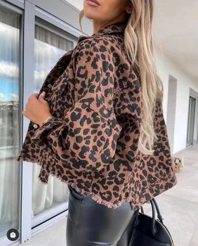 Moterų Džinsinio Striukė 2023 M. Rudenį Naujų Leopardas Spausdinti Džinsinio Striukė Moterims ilgomis Rankovėmis Slim Paltai