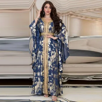 AB286 Arabų Dubajus Artimųjų Rytų Ponios 2023 M. Pavasarį Naujas Musulmonų Šifono Karšto Aukso Chalatas su Diržu Suknelė