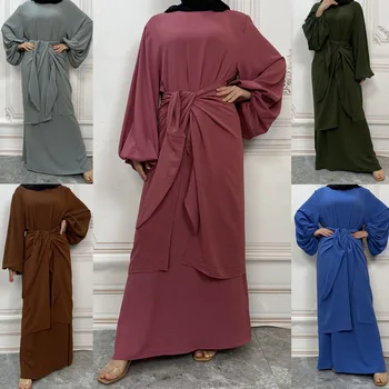 Abaja Rinkiniai Dubajaus Musulmonų Mados Paprasto Maxi Ilga Suknelė Moterims su Įvyniojimas Sijonas Islamo Drabužių Caftan Skraiste Femme Musulman Ramadanas