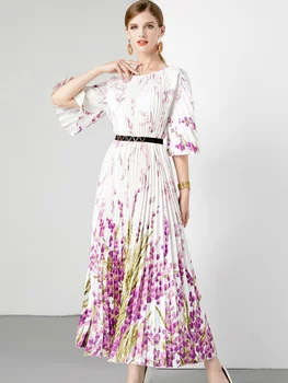 Vasaros Gėlių Spausdinti Baltas Ilgas Plisuotos Suknelės Moterims 2023 Elegantiškas Atostogų Prarasti Vestidos Feminino Atsitiktinis Pusė Rankovės