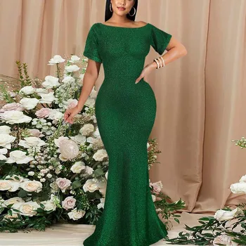 Moterų Elegantiškas Šalis Suknelės Žalia Shinny Trumpomis Rankovėmis Apvalios Kaklo Bodycon Undinė Grindų Ilgis Prabanga Gimtadienio Vakarienė Vestidos