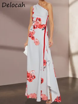 Delocah Aukštos kokybės Vasarą Moterys Fashio Dizaineris Ilga Suknelė Įstrižainės Apykaklės Gėlių Spausdinti Aukštos Juosmens Pusėje Padalinta Raukiniai Suknelės