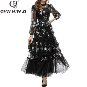QHZ Dizainerio Mados Siuvinėjimo Derliaus Ilga Suknelė Moterų žibintų rankovėmis Akių gėlių prabanga juoda Šalis Maxi suknelė