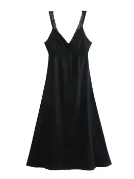 Vasaros Moterų Juodosios V-Kaklo Nėrinių kraštais Dizaino Apynasrio Ilgai Aline Suknelė Mados Priemoka
